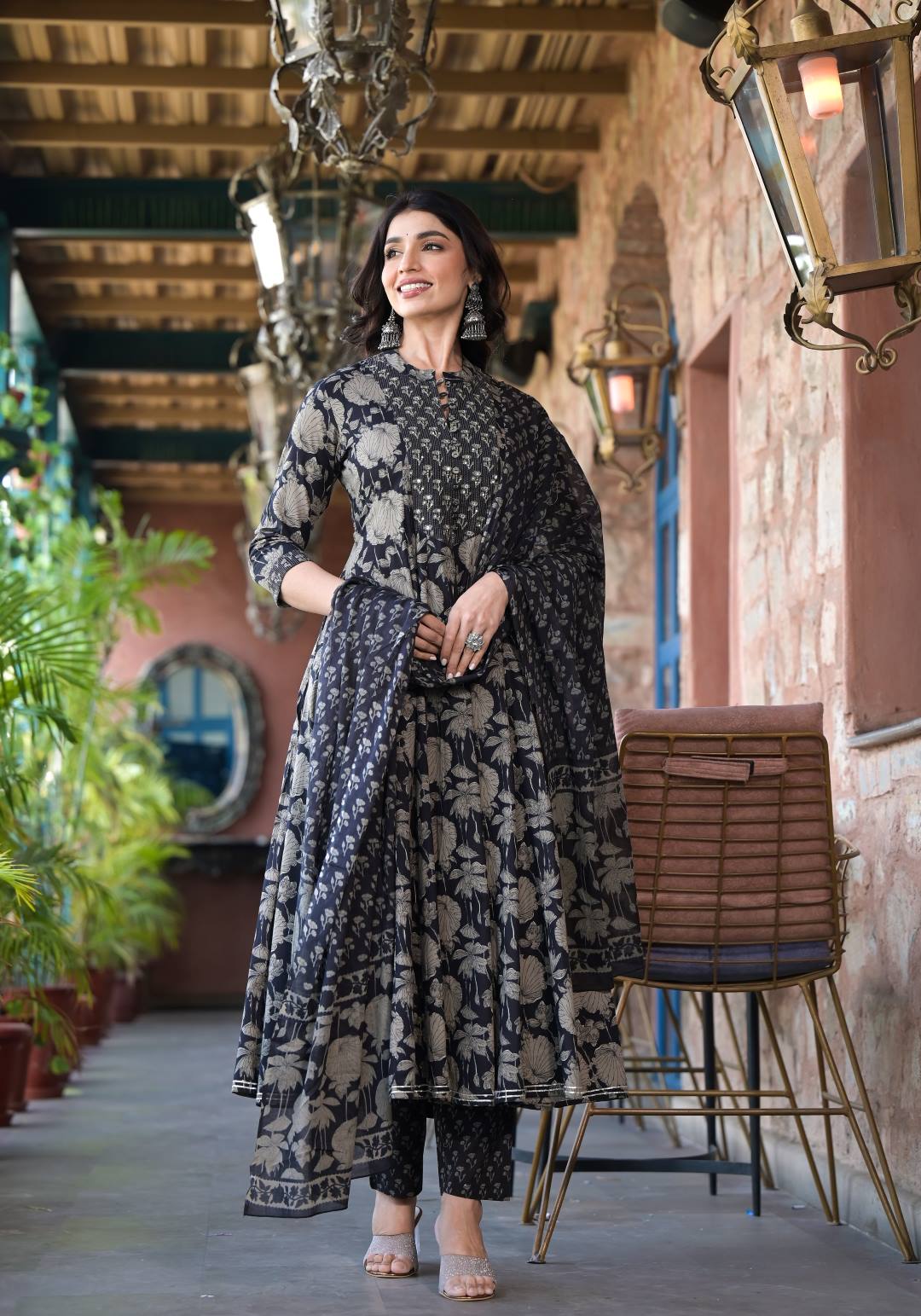 Dhiyona VR Women's Black Mandarin Collar Embellished Yoke Three-Quarter Sleeves Paired With Printed Bottom And Dupatta