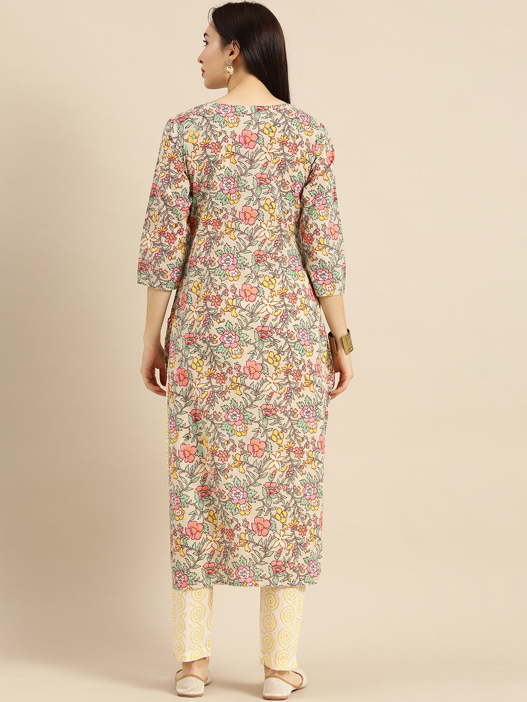 Dhiyona VR Women's Sea Green And Mustard Floral Printed Straight Kurta With Printed Trouser