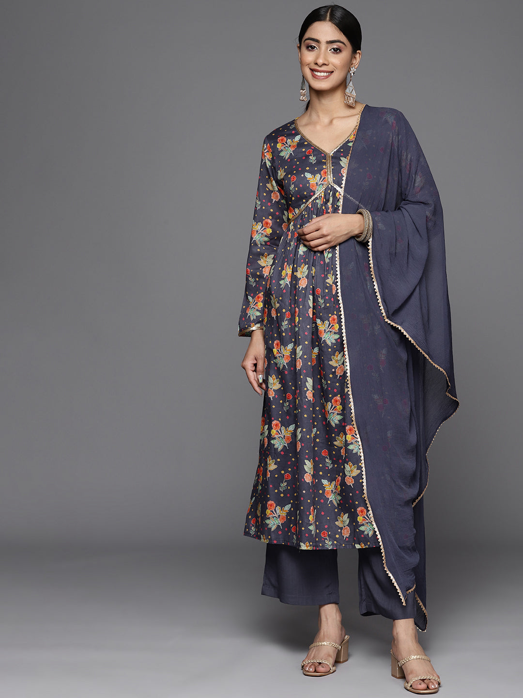 Dhiyona VR Women's Violet Sequin Embellished V-Neck A-Line Kurta Paired With Tonal Bottom Amd Dupatta