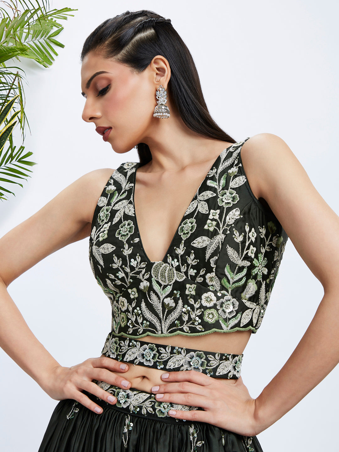 Women Olive Pure Georgette Sequins and thread embroidery Lehenga choli & Dupatta