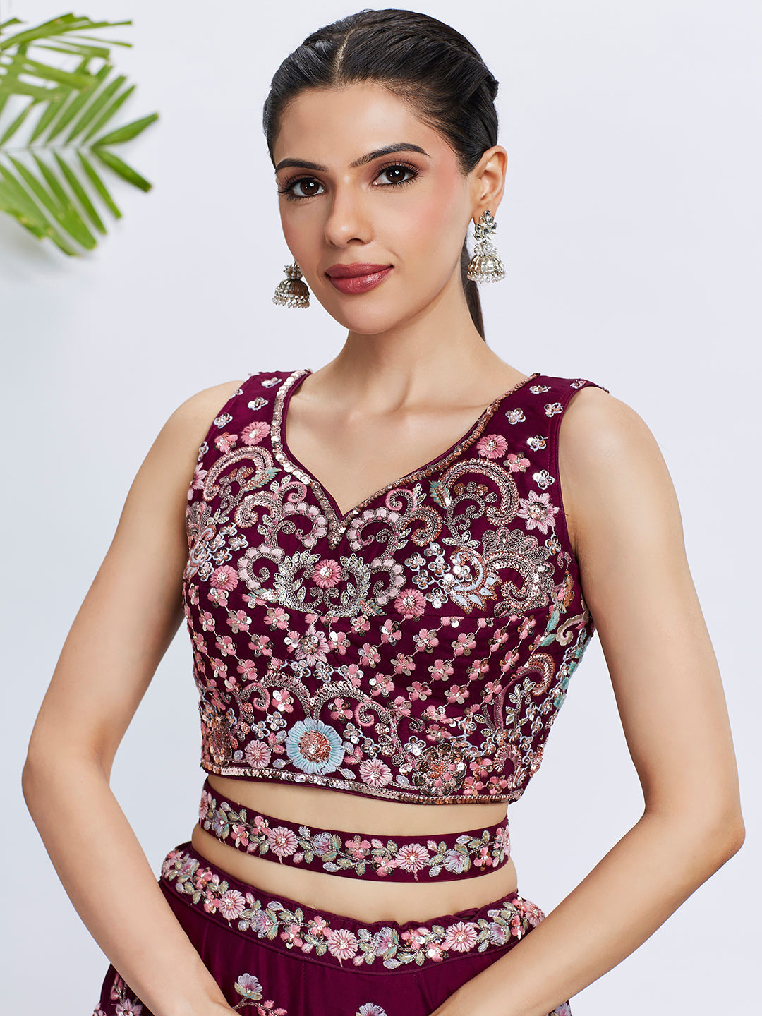 Women Burgundy Pure Georgette Sequins and thread embroidery Lehenga choli & Dupatta
