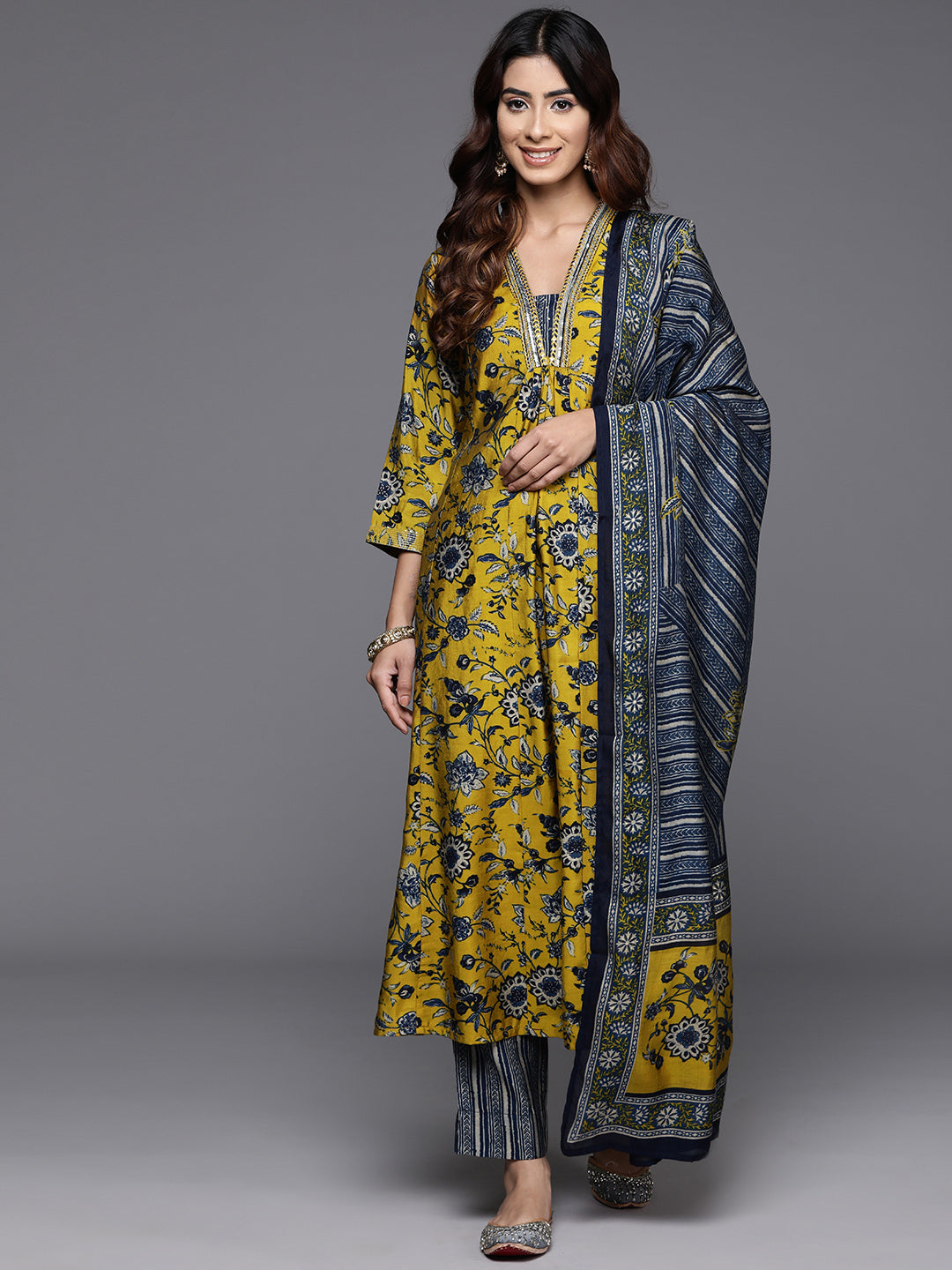 Dhiyona VR Women's Mustard Floral Printed Embellished Kurta With Bottom And Dupatta