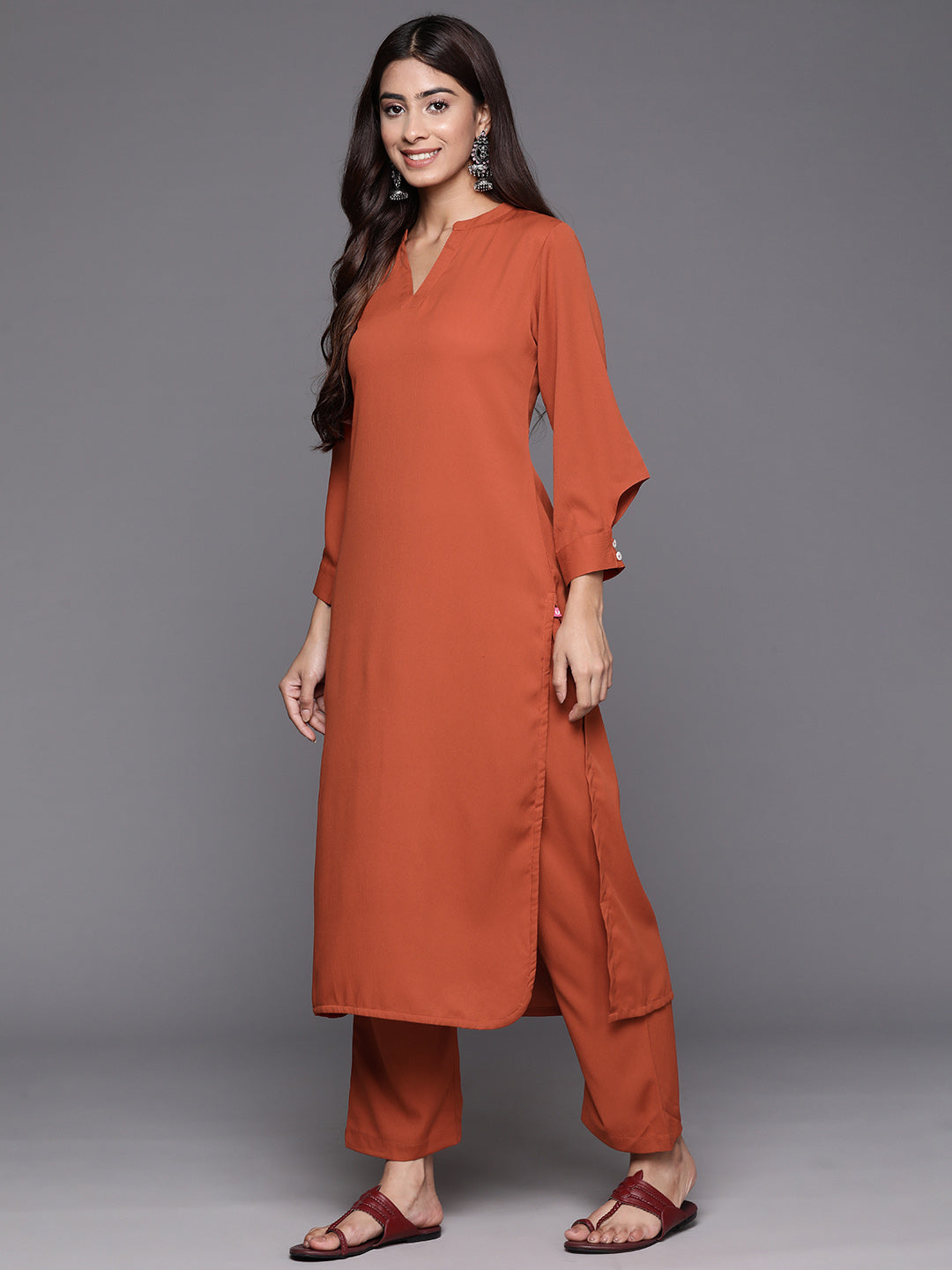 Dhiyona VR Women's Rust Long Sleeves With Smart Cut Cuff, Straight Kurta Paired With Tonal Solid Bottom