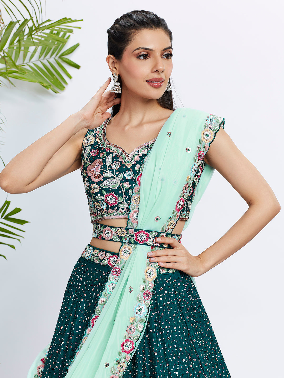 Women Green Pure Chiffon Sequins and thread embroidery Lehenga choli & Dupatta