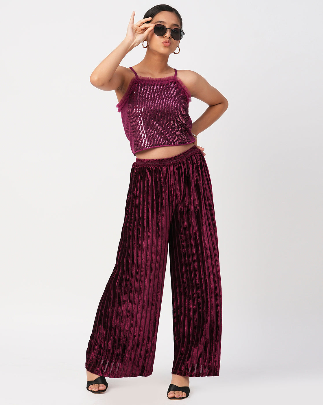 Glam up Girls Maroon Pant with sequins Top Party Girls Co-ordinate set