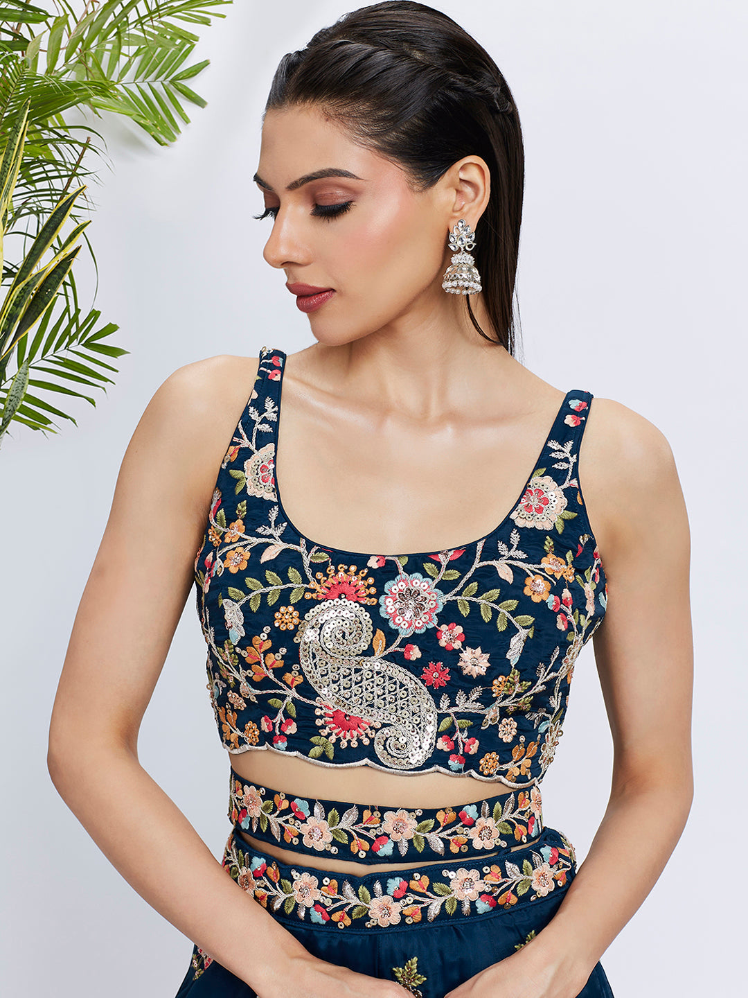 Women Navy blue Organza Sequins and thread embroidery Lehenga choli & Dupatta
