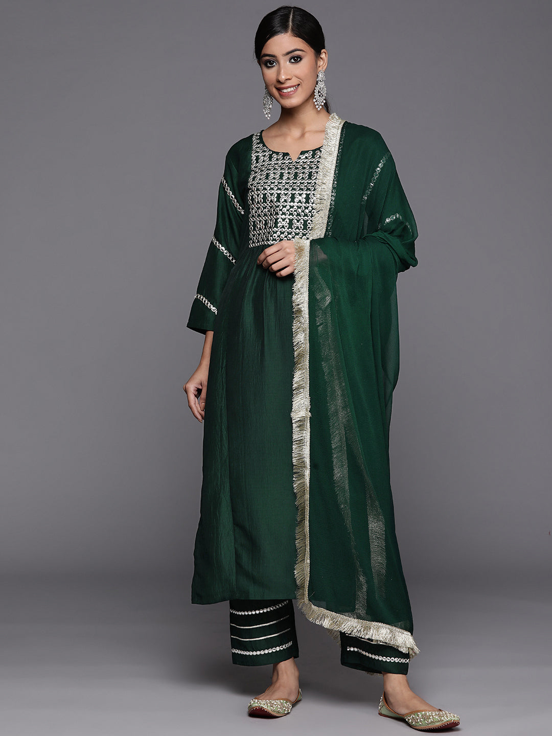 Dhiyona VR Women's Varaanga Green Embroidered Kurta With Tonal Bottom And Tonal Chiffon Dupatta