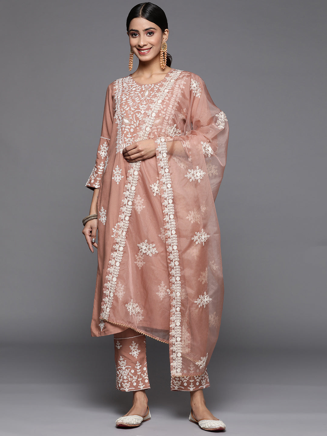 Dhiyona VR Women's Mauve Embroidered Kurta Paired With Tonal Trouser And Dupatta