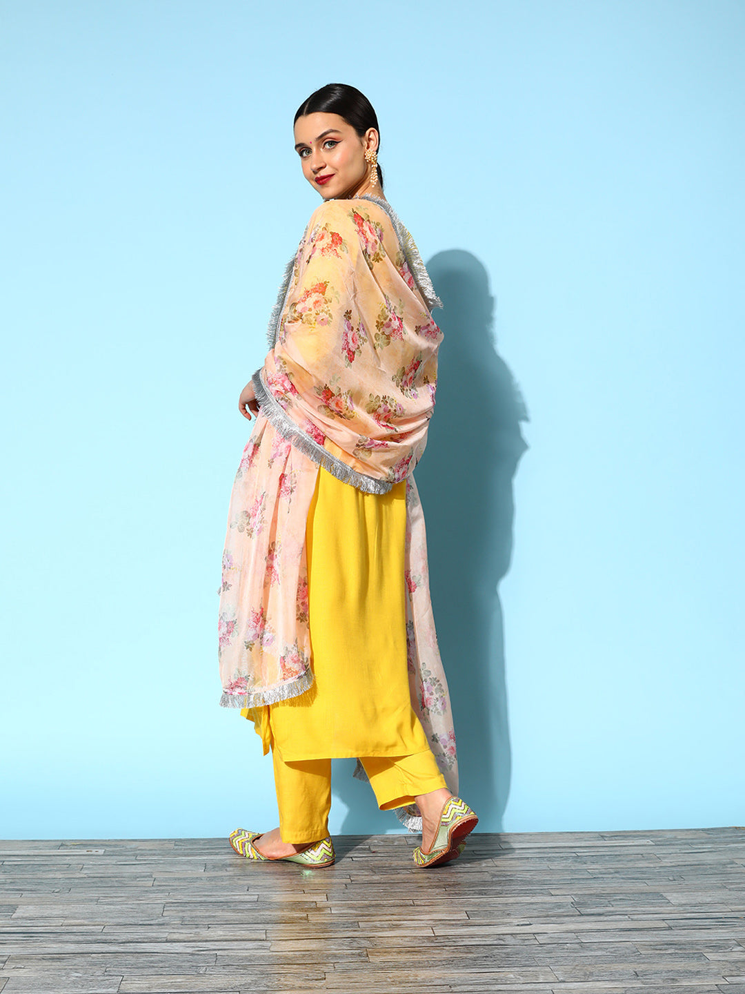 Dhiyona VR Women's Yellow Embroidered Kurta With Trouser And Embroidered Dupatta