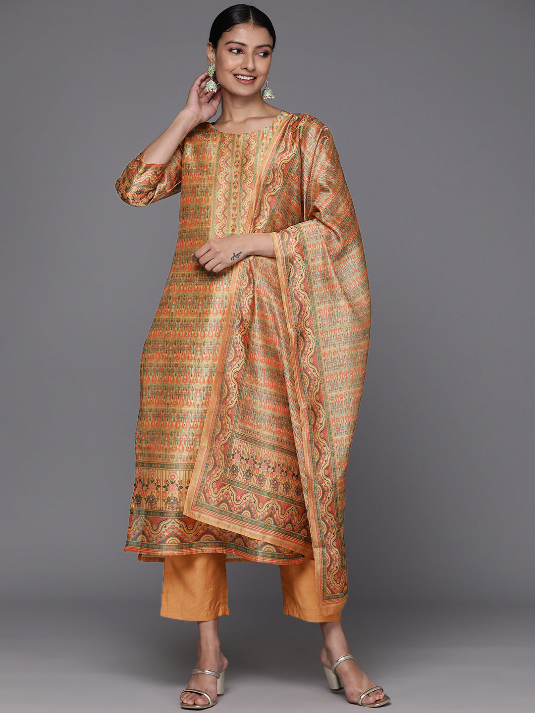 Dhiyona VR Women's Coral Printed, Straight Kurta Paired With Tonal Bottom And Printed Dupatta