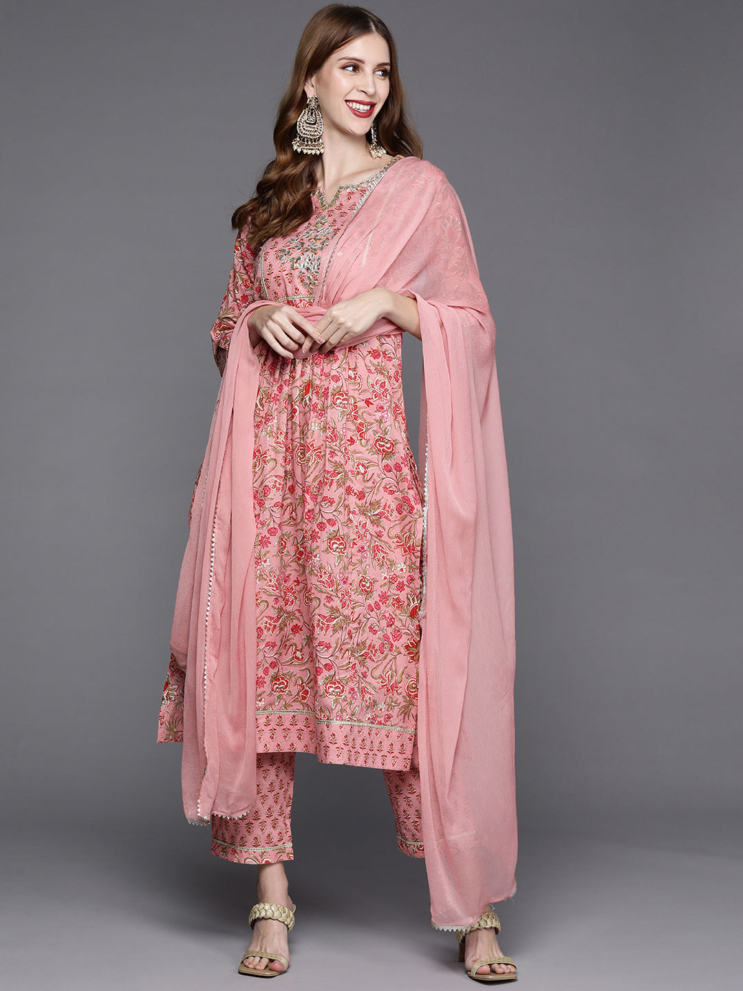 Dhiyona VR Women's Floral Printed Embroidered Kurta With Straight Pant And Chiffon Dupatta