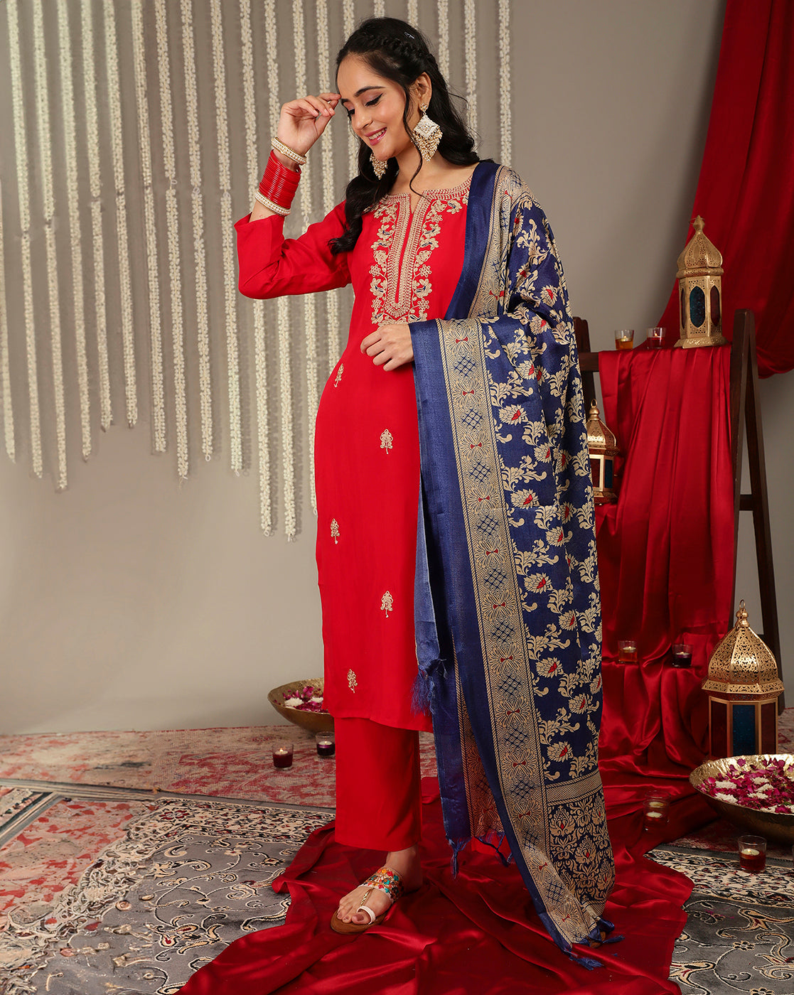 Dhiyona VR Women's Red Placement Design Zari Embroidered Kurta With Three Quarter Sleeves Paired With Tonal Bottom And Contrast Printed Dupatta