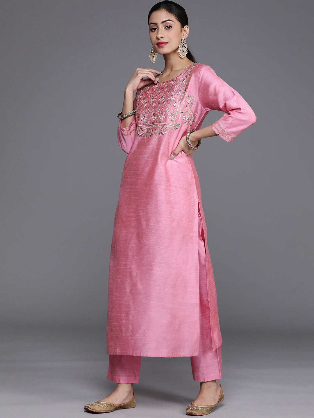 Dhiyona VR Women's Solid Kurta With Yoke Zari Sequins Embroidery Paired With Solid Pant And A Beautiful Organza Floral Dupatta With Zari Tassel