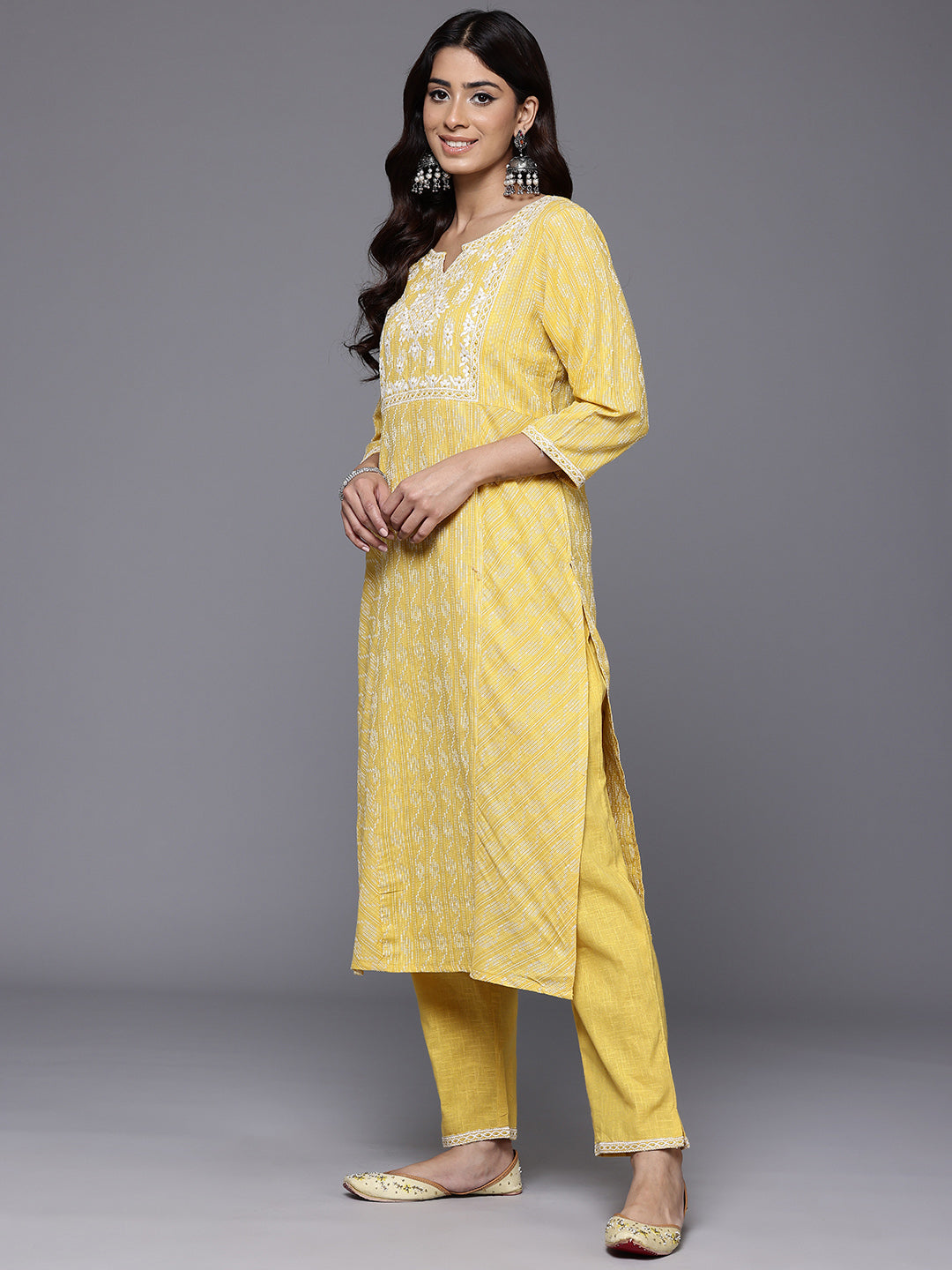 Dhiyona VR Women's Mustard Woven Design Round Neck, Three Quarter Sleeves Paired With Tonal Bottom And Dupatta