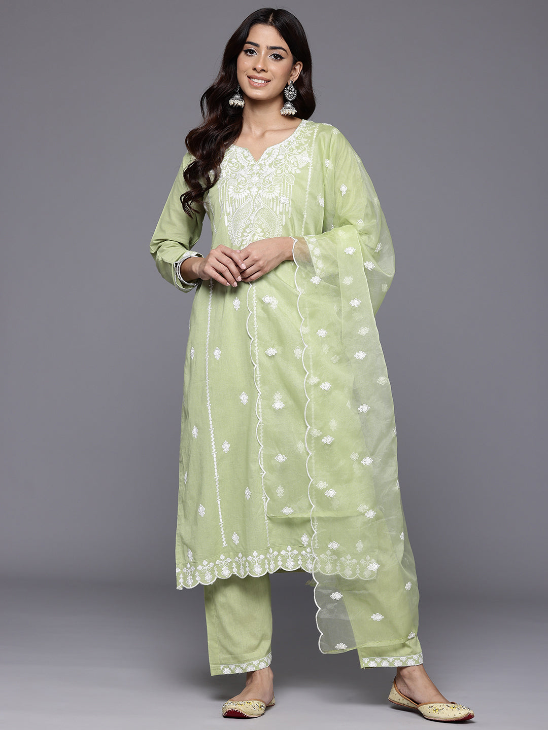 Dhiyona VR Women's Sea Green Round Neck Heavy Thread Embroidered Kurta With Bottom & Dupatta