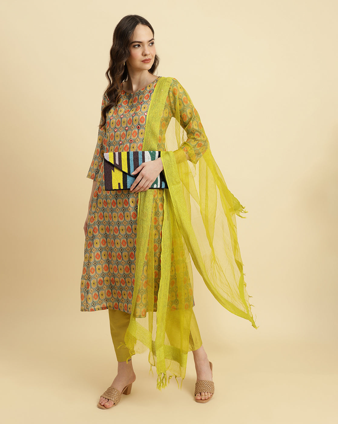 Dhiyona VR Women's Ikat Printed A-Line Mirror Embroidered Kurta Paired With Straight Trouser And Dupatta
