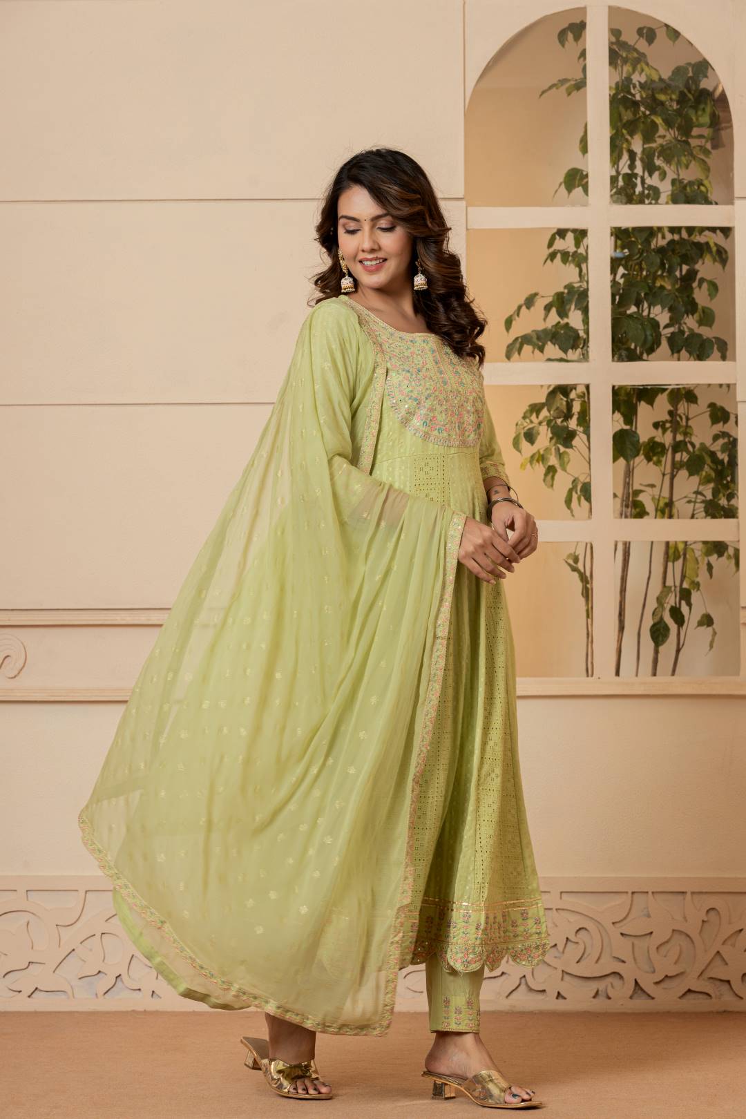 Dhiyona VR Women's Lime Green Mirror And Thread Embroidered,Gotta Embellished Scalloped Schiffli Anarkali Kurta Paired Wirh Printed Bottom And Embroidered Dupatta