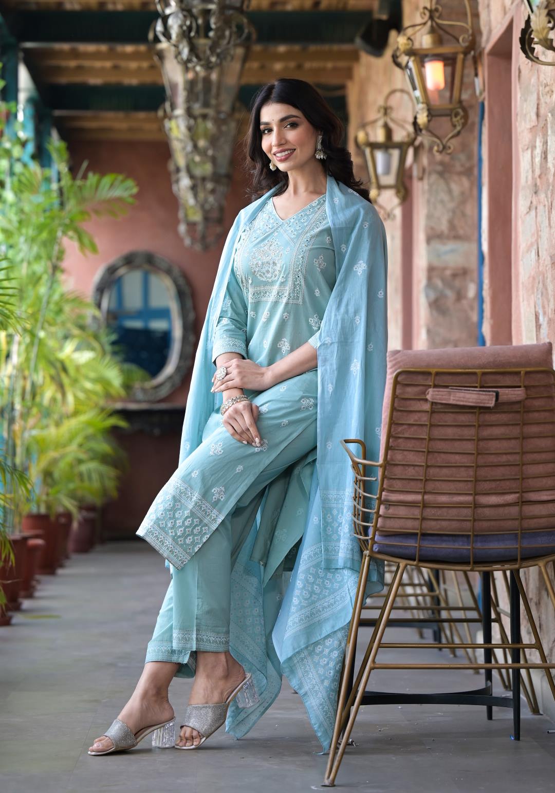 Dhiyona VR Women's Sea Green Rubber Printed, Mirror Embellished Straight Kurta Paired With Bottom And Dupatta