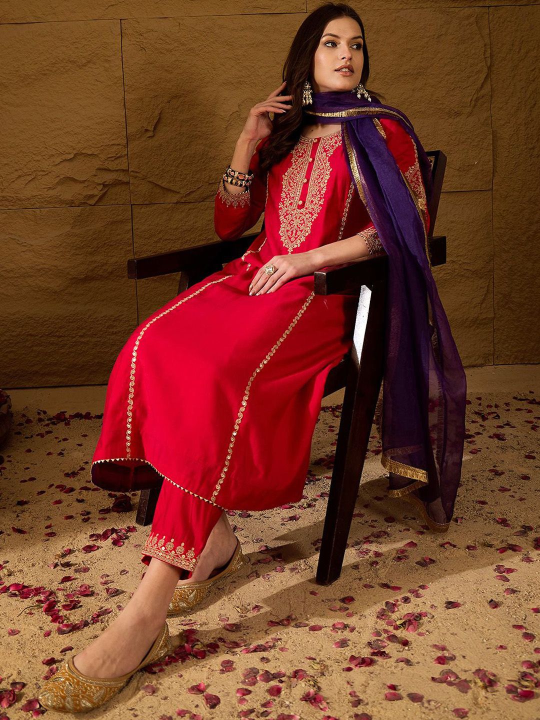 Dhiyona PD Women Embroidered A-Line Kurta & Trousers With Dupatta