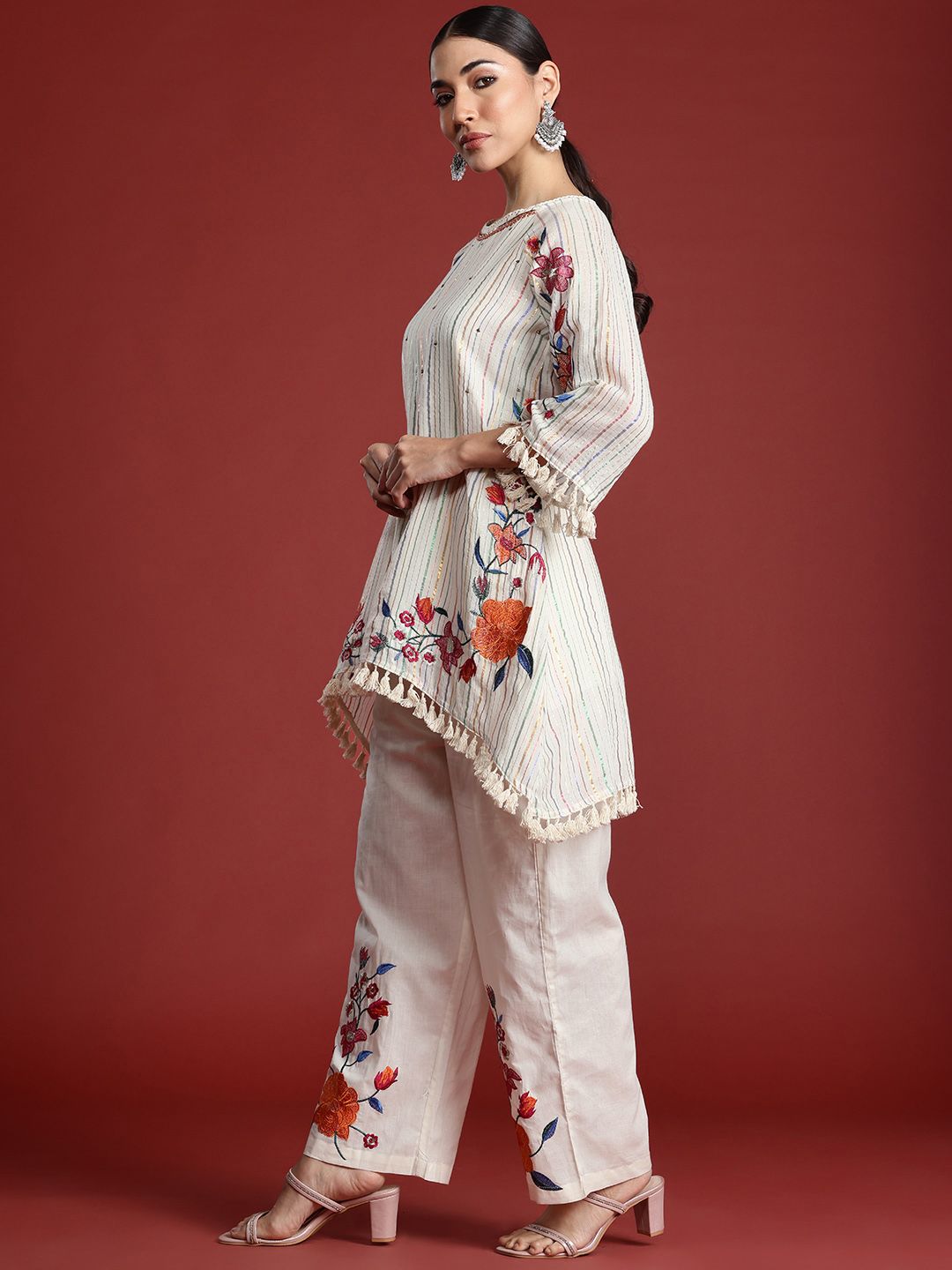 Dhiyona IE Floral Embroidered Thread Work Pure Cotton Kurti with Palazzos