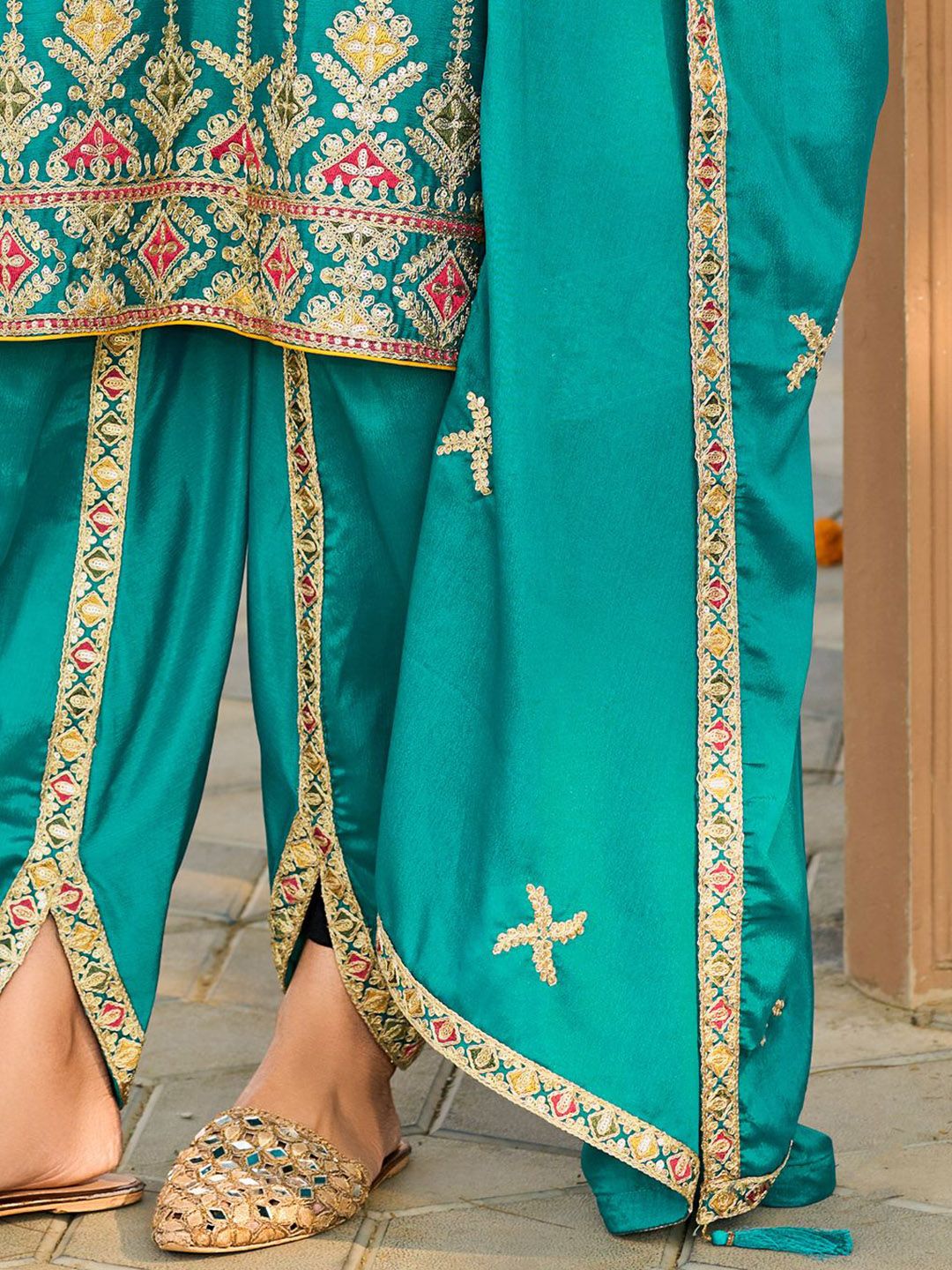 Floral Embroidered Mirror Work Sequinned Anarkali Kurta With Dhoti & Dupatta