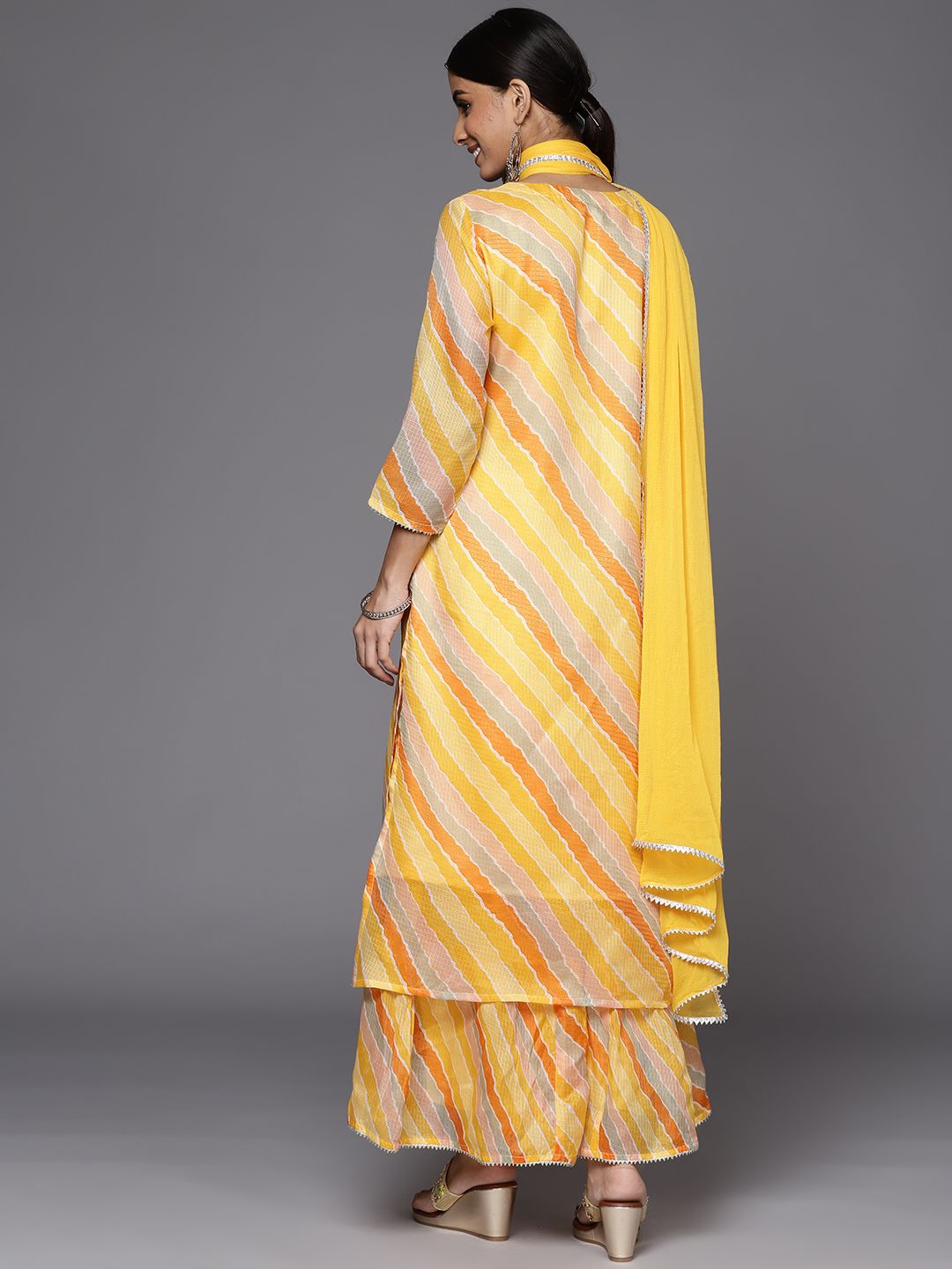 Dhiyona VA Women's Yellow Leheriya Printed Gotta Patti Chanderi Cotton Kurta with Sharara & With Dupatta
