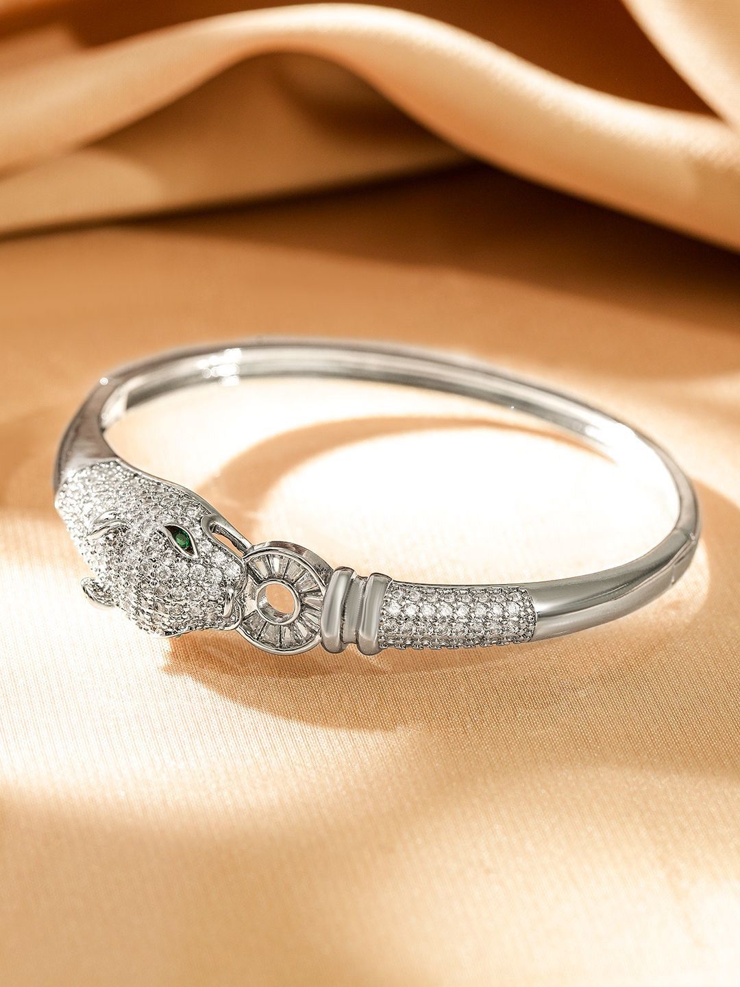 Dhiyona RJ Women's Rhodium Plated Demi Fine Openable Panther Head Cubic Zirconia Studded Bracelet