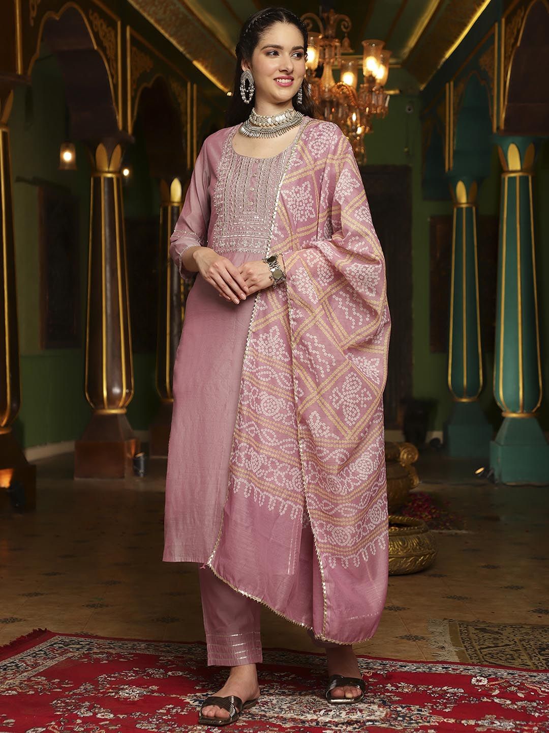 Dhiyona SN Women's Embroidered Straight Kurta With Trouser & Dupatta Set