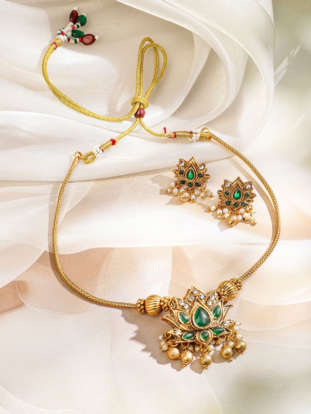 Dhiyona RJ Women's 22K Gold Plated 2 In 1 Lotus Motif Ruby & Emerald Stone Studded Jewellery Set