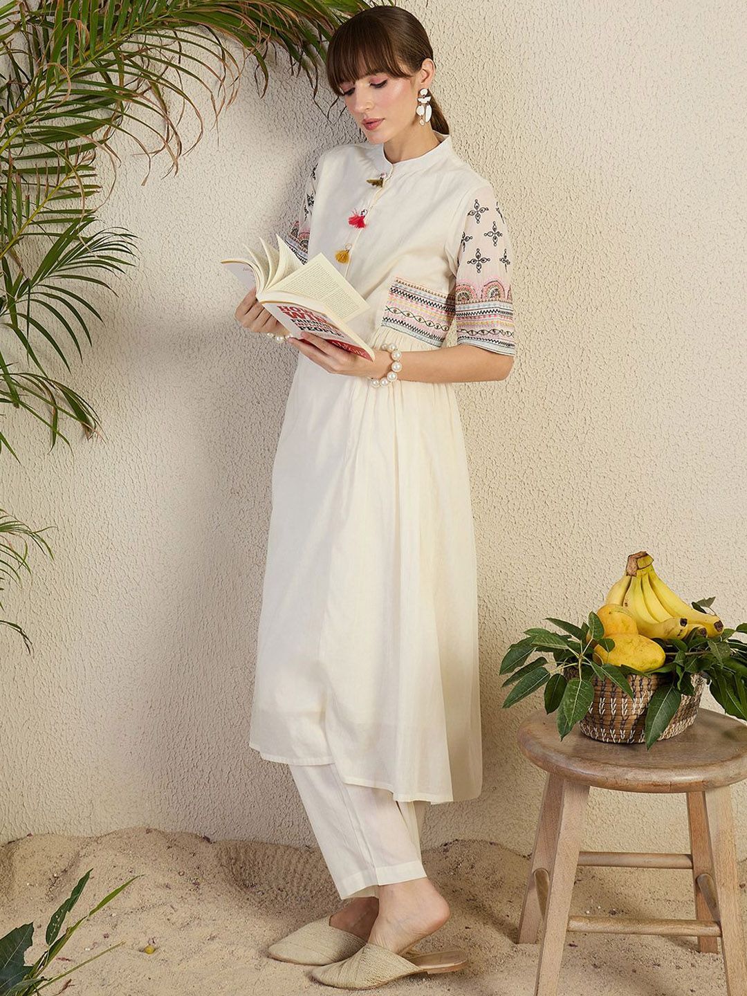Dhiyona IE Women Ethnic Motifs Embroidered Sequinned Pure Cotton A-Line Kurta with Trousers