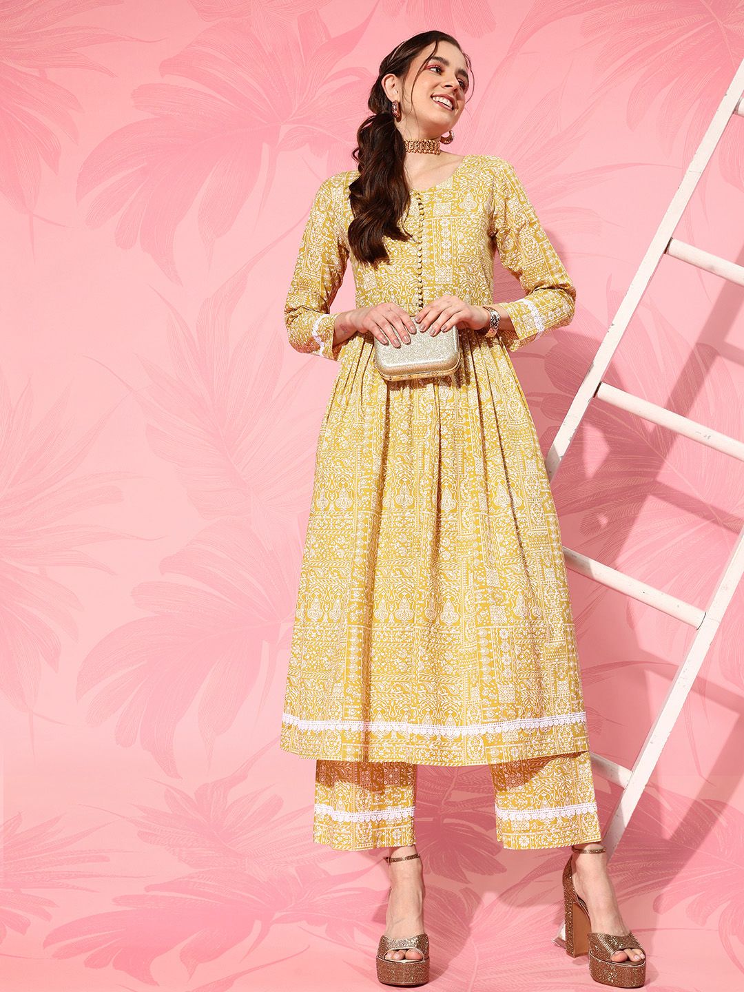 Dhiyona VA Women's Ethnic Motifs Printed Empire Pure Cotton Kurta with Trousers