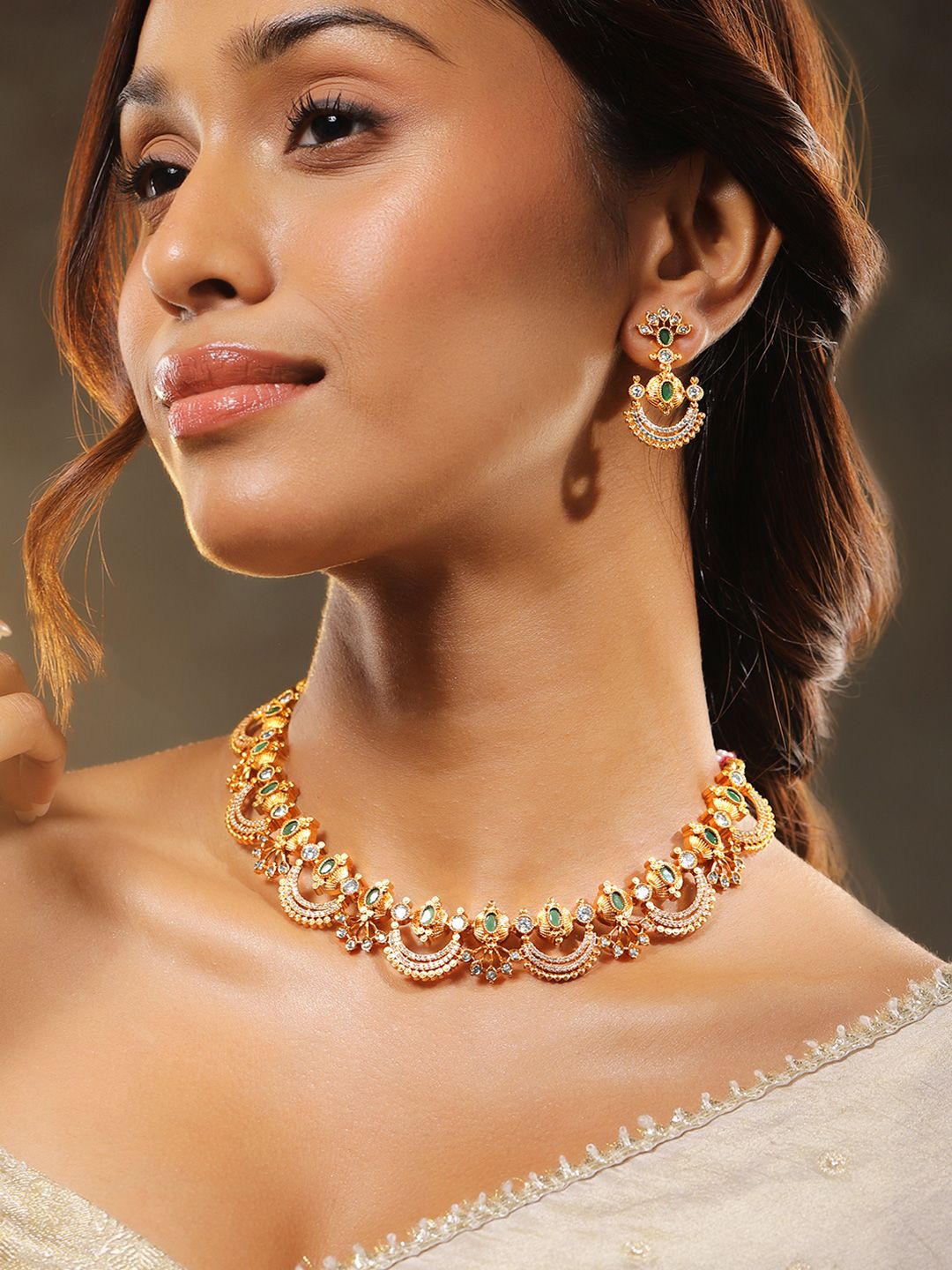 Dhiyona RJ Women's 24K Gold-Plated Emerald Green, White Cubic Zirconia & Pearl Beaded Jewellery Set