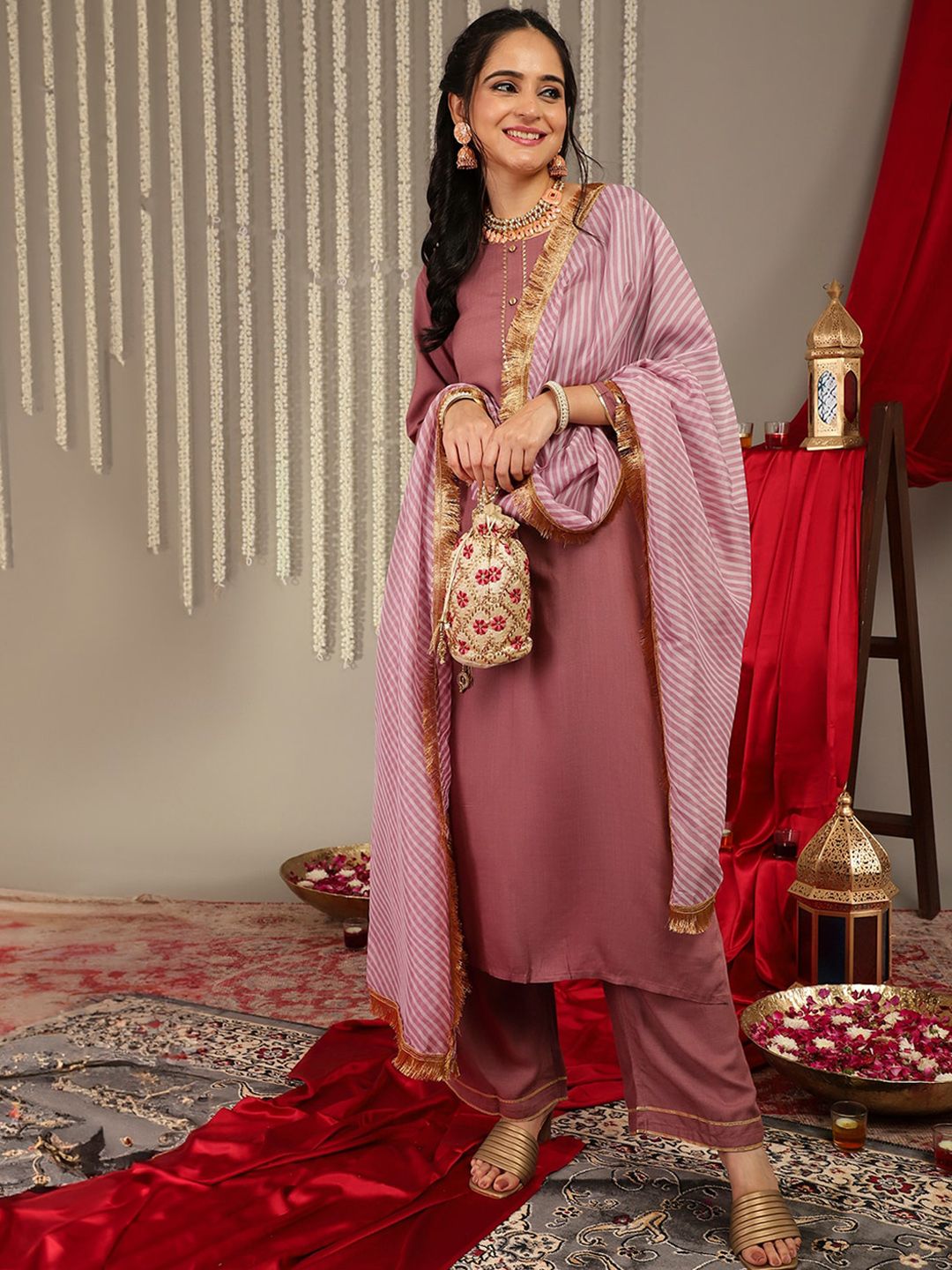 Dhiyona VA Women'sGotta Patti Detail Straight Kurta & Trousers With Dupatta