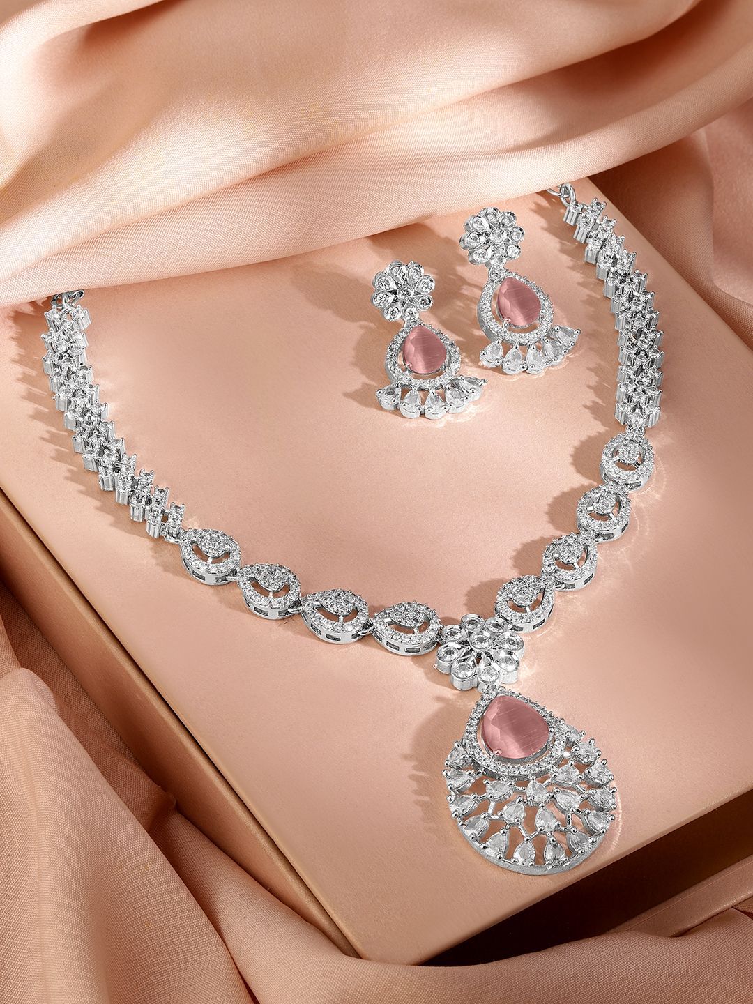 Dhiyona RJ Women's Rhodium-Plated Pastel Pink AD & Cubic Zirconia Studded Necklace Set