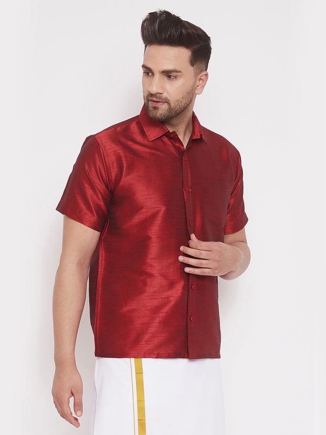 Men's Maroon Silk Blend Straight Ethnic Shirt
