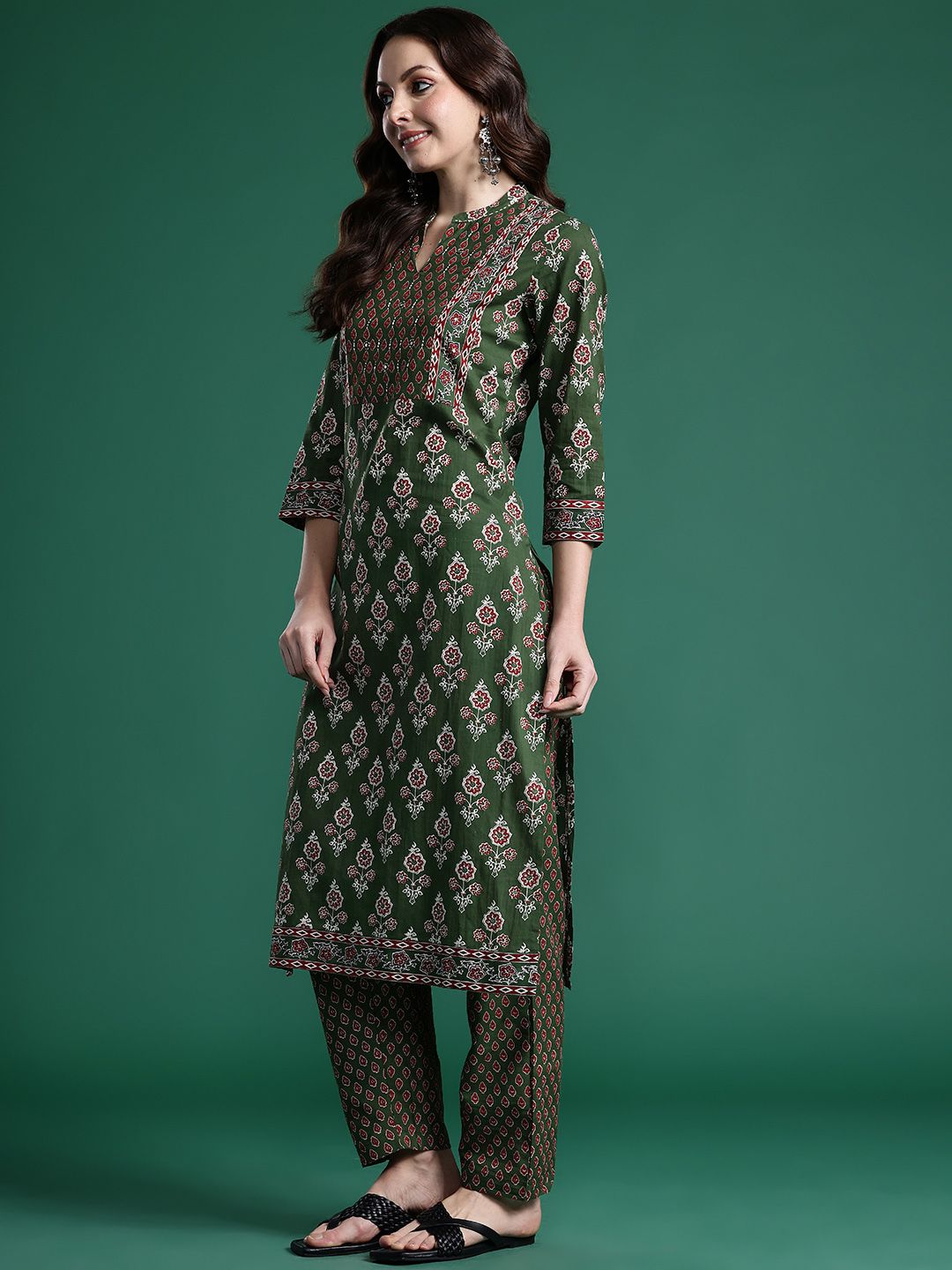 Dhiyona IE Ethnic Motifs Printed Pure Cotton Kurta with Trousers