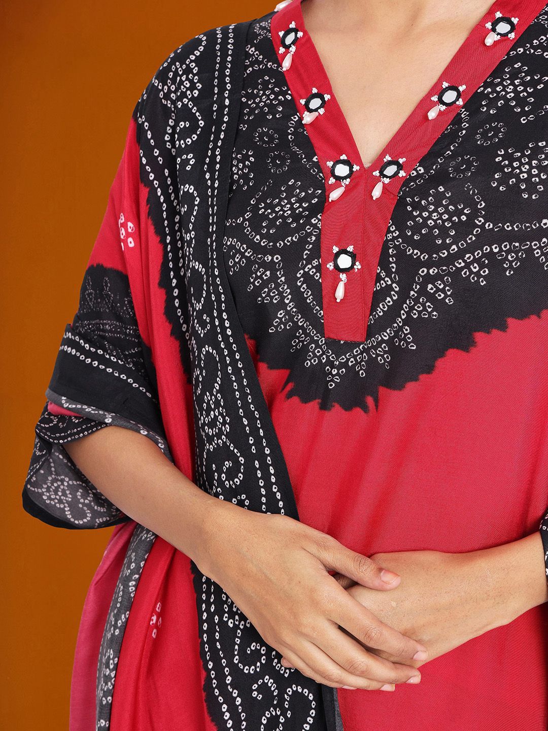 Dhiyona IS Women's Bhandani Printed V-Neck Straight Kurta With Trousers And Dupatta