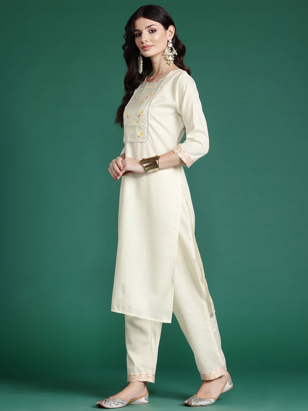 Dhiyona IE Floral Yoke Design Zari Pure Cotton Kurta With Trousers & Dupatta