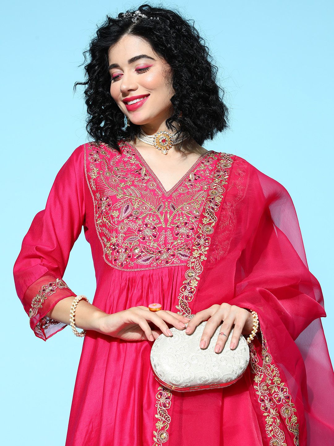 Dhiyona IE Women Fuchsia Ethnic Motifs Embroidered Kurta with Palazzos & With Dupatta
