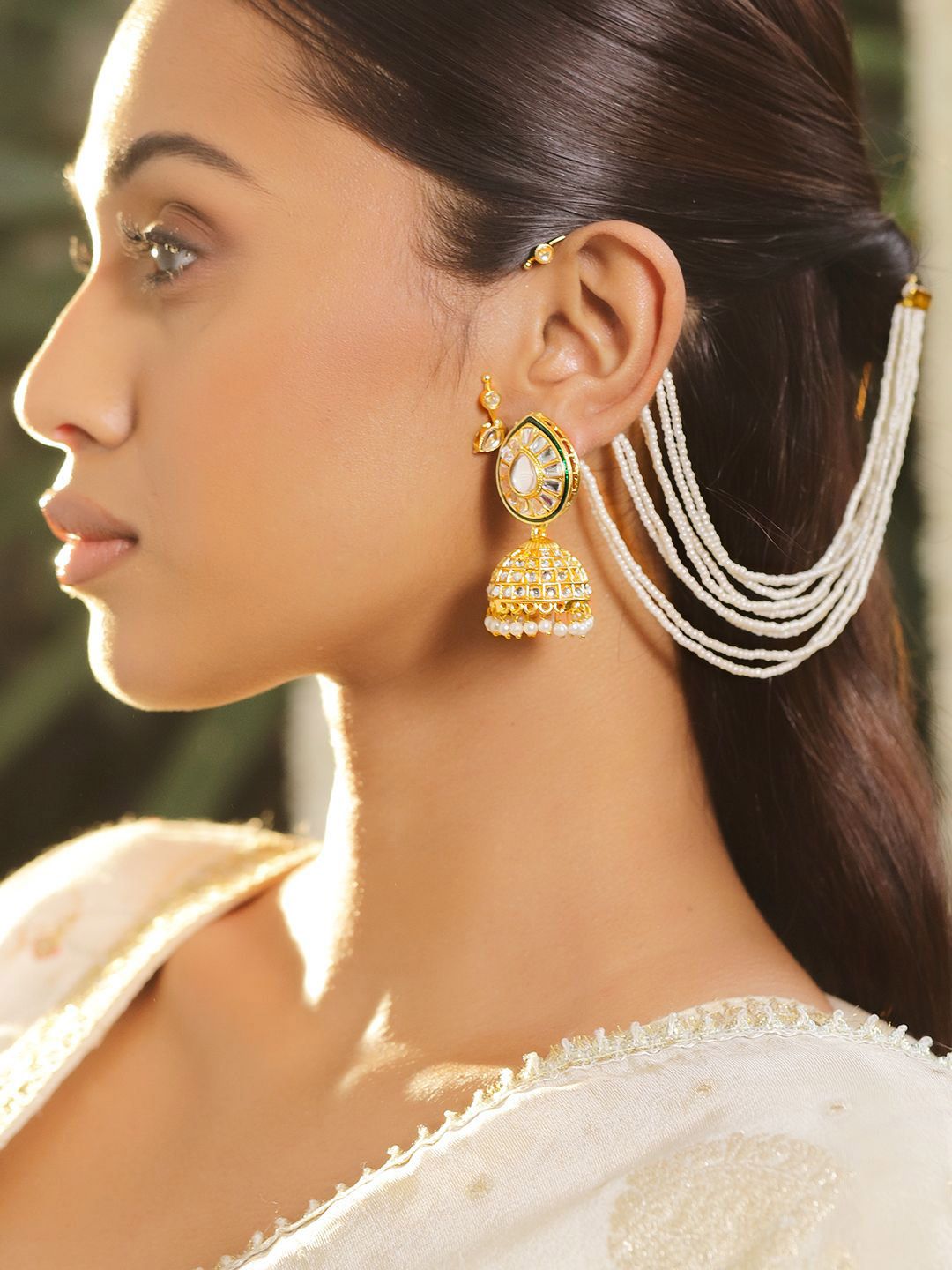 Dhiyona RJ Women's Handcrafted 22K Gold Plated Kundan & Pearl Multi Strand Ear Cuff Jhumka Earring