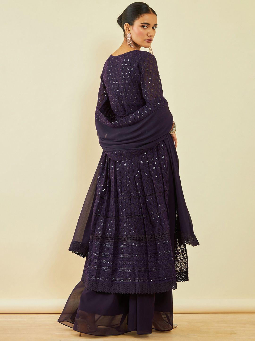 Dhiyona SO Women's Ethnic Motifs Embroidered Pleated Sequinned A-Line Kurta With Palazzos & Dupatta