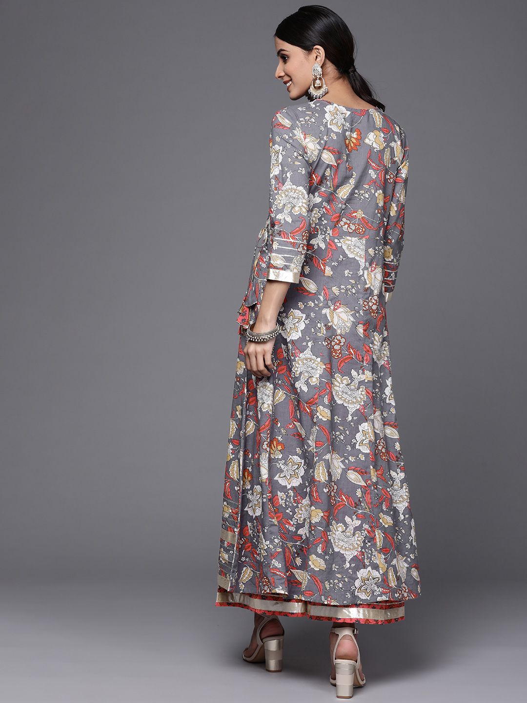Dhiyona VA Women's Grey & Pink Floral Print Angrakha Gotta Patti Pure Cotton Kurta with Sharara