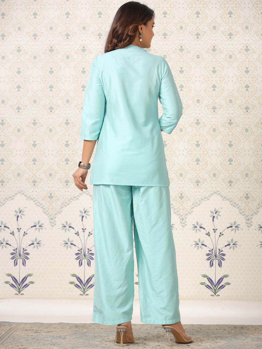 Dhiyona OD Ethnic Motifs Embroidered Mirror Work Kurti with Palazzos