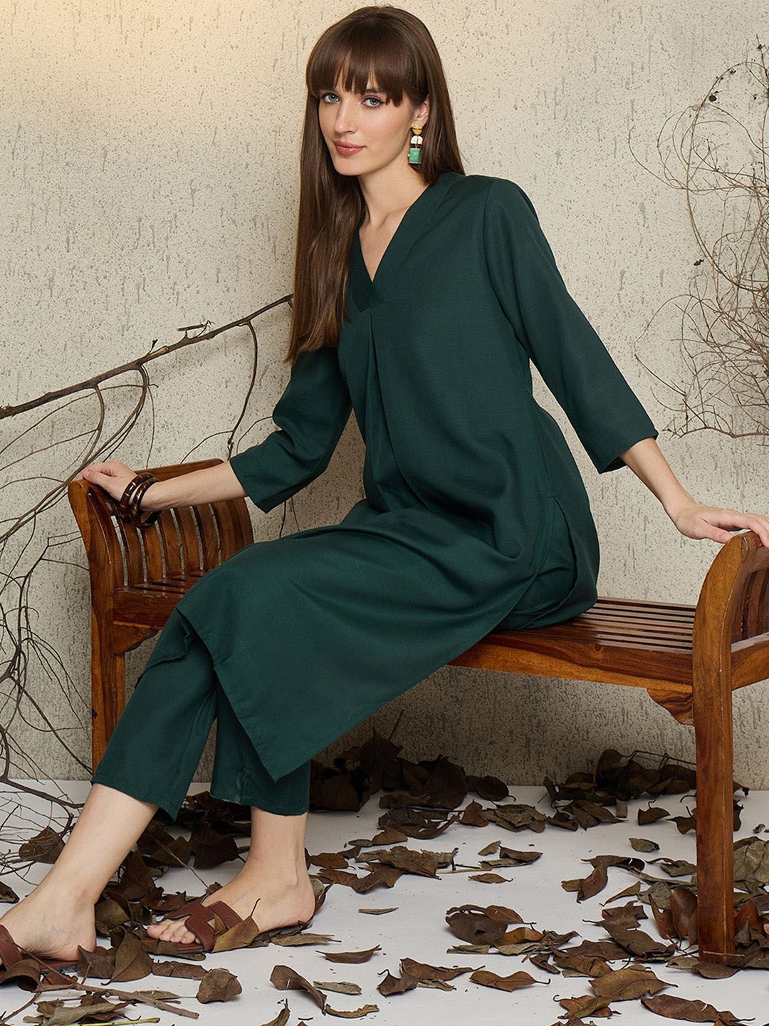 Pleated V-Neck A-Line Kurta With Trousers