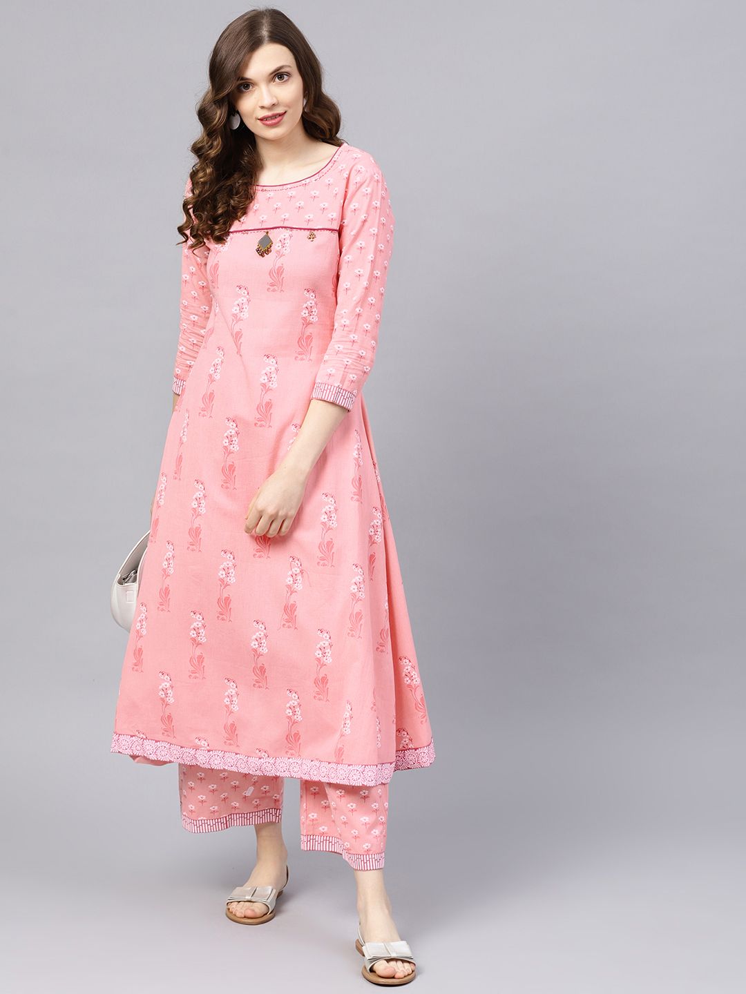 Dhiyona IS Women's Women Pink & White Printed Kurta with Palazzos