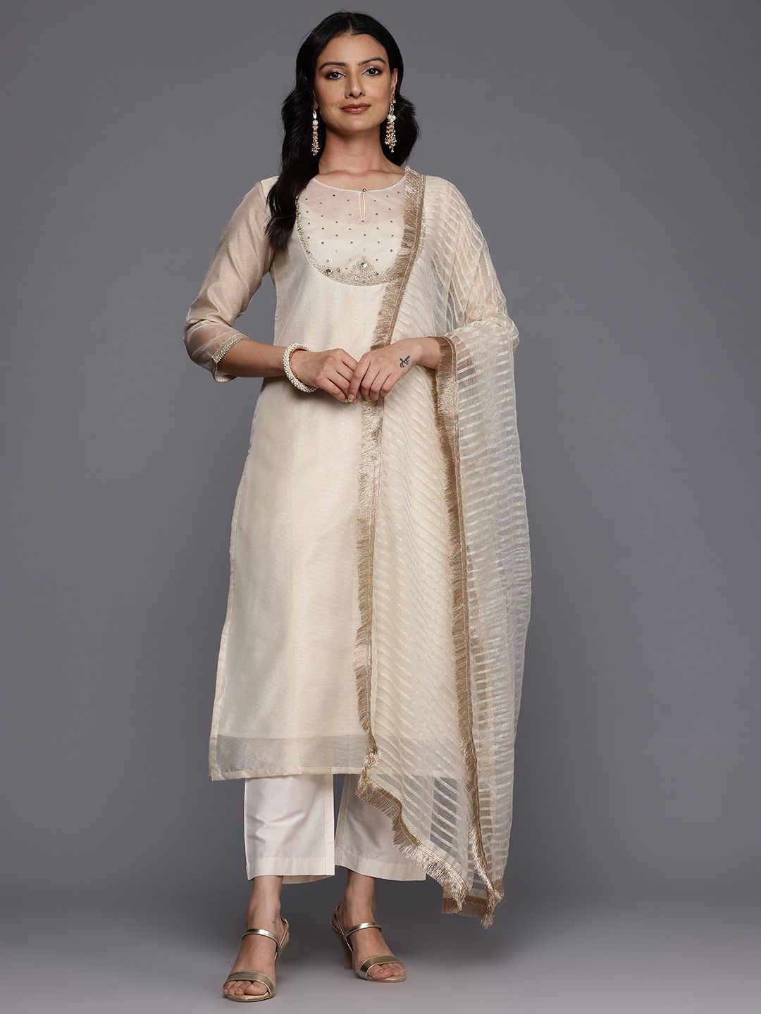 Dhiyona VA Women'sFloral Yoke Design Regular Sequinned Kurta With Trousers & Dupatta