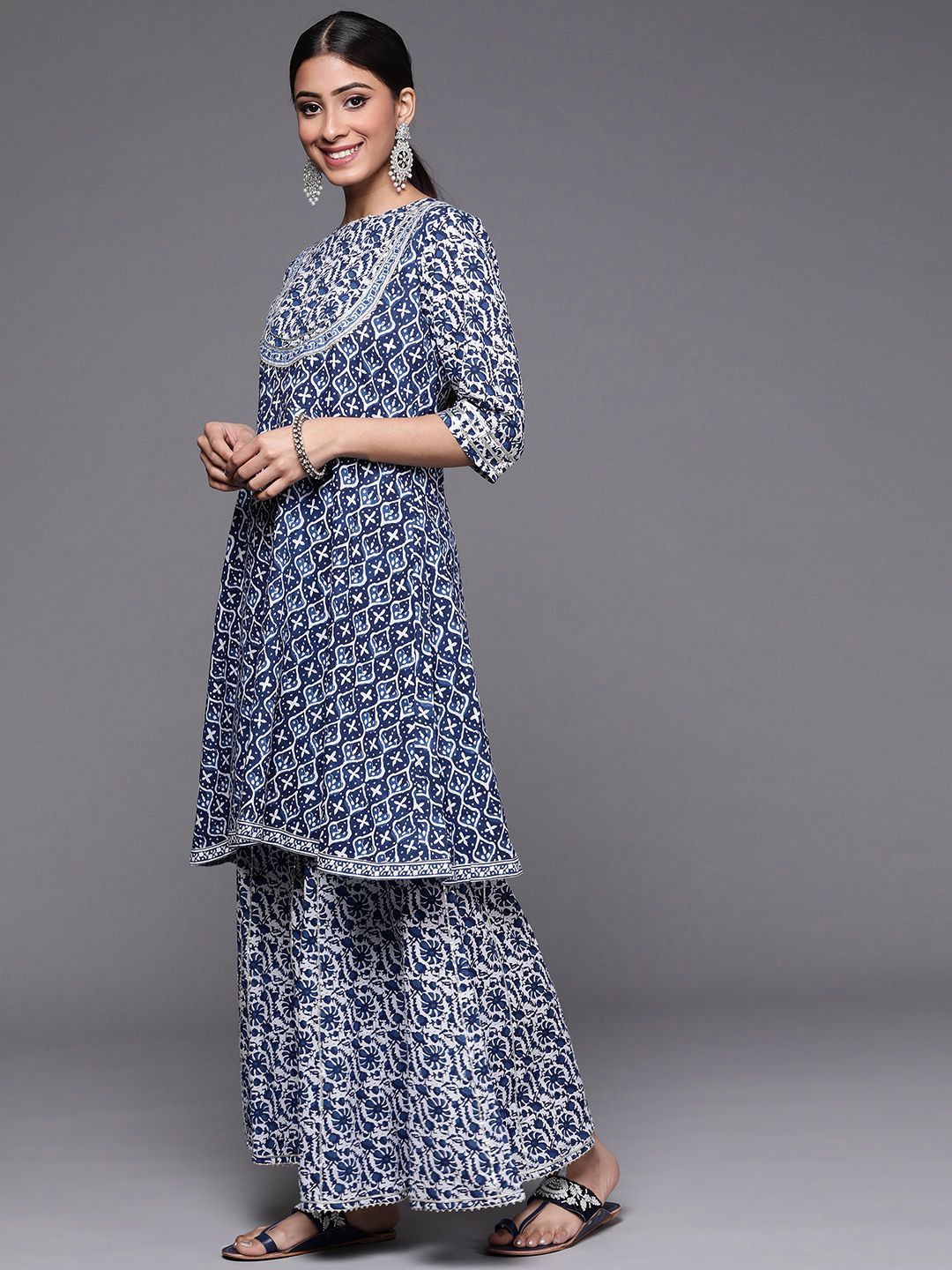 Dhiyona VA Women's Blue Floral Printed Gotta Patti Pure Cotton Kurta with Sharara
