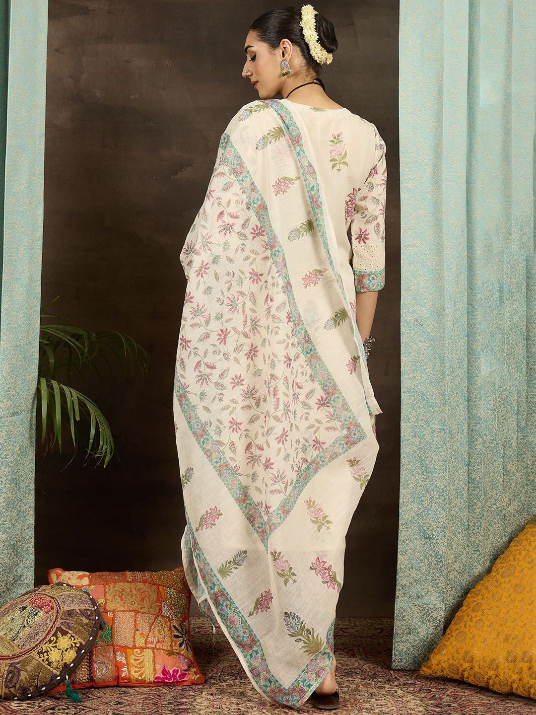 Dhiyona IE Floral Printed Notch Neck Mirror Work Straight Kurta With Trousers & Dupatta