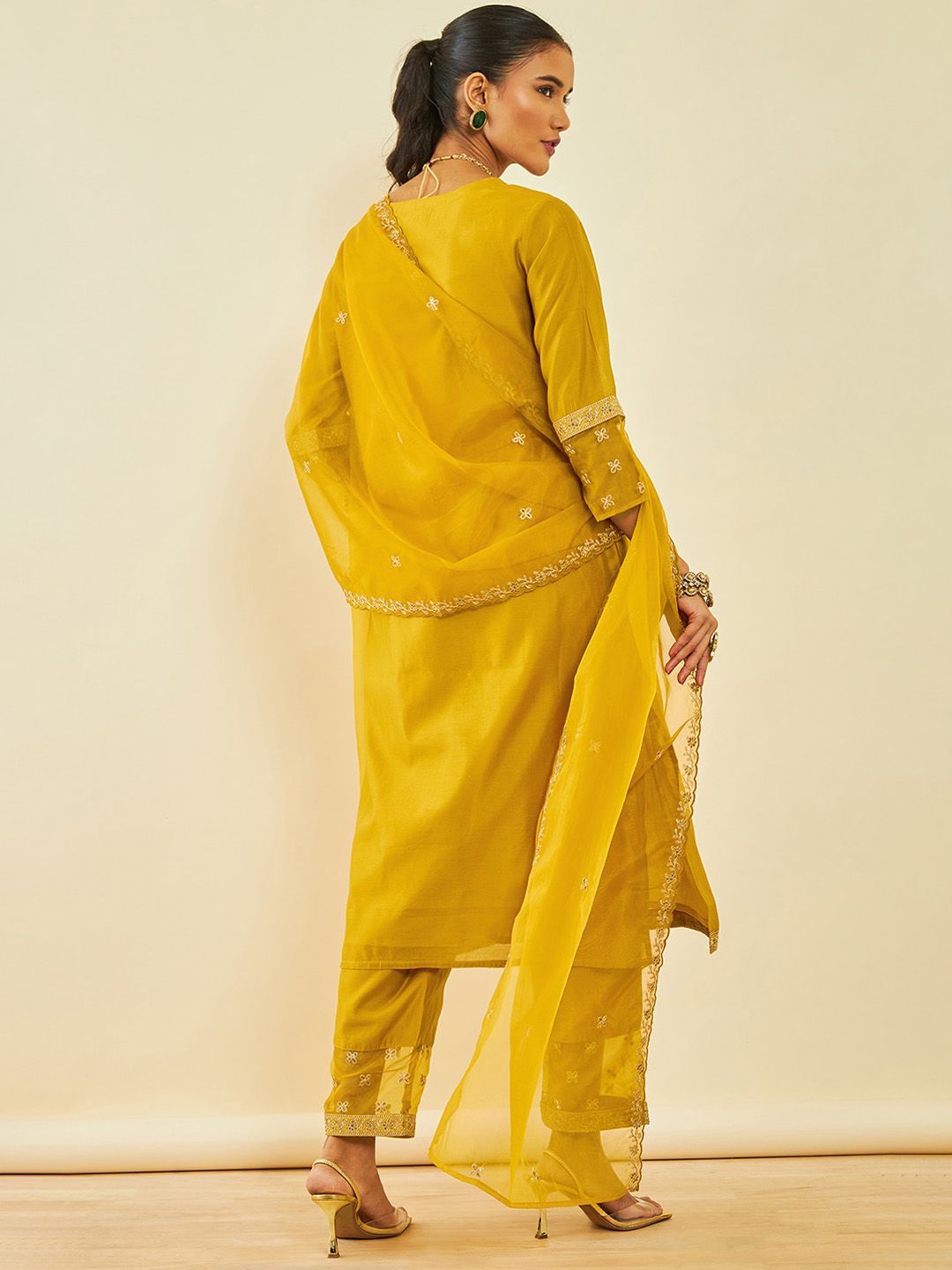 Dhiyona SO Women's Ethnic Motifs Embroidered Regular Sequinned Straight Kurta With Trousers & Dupatta
