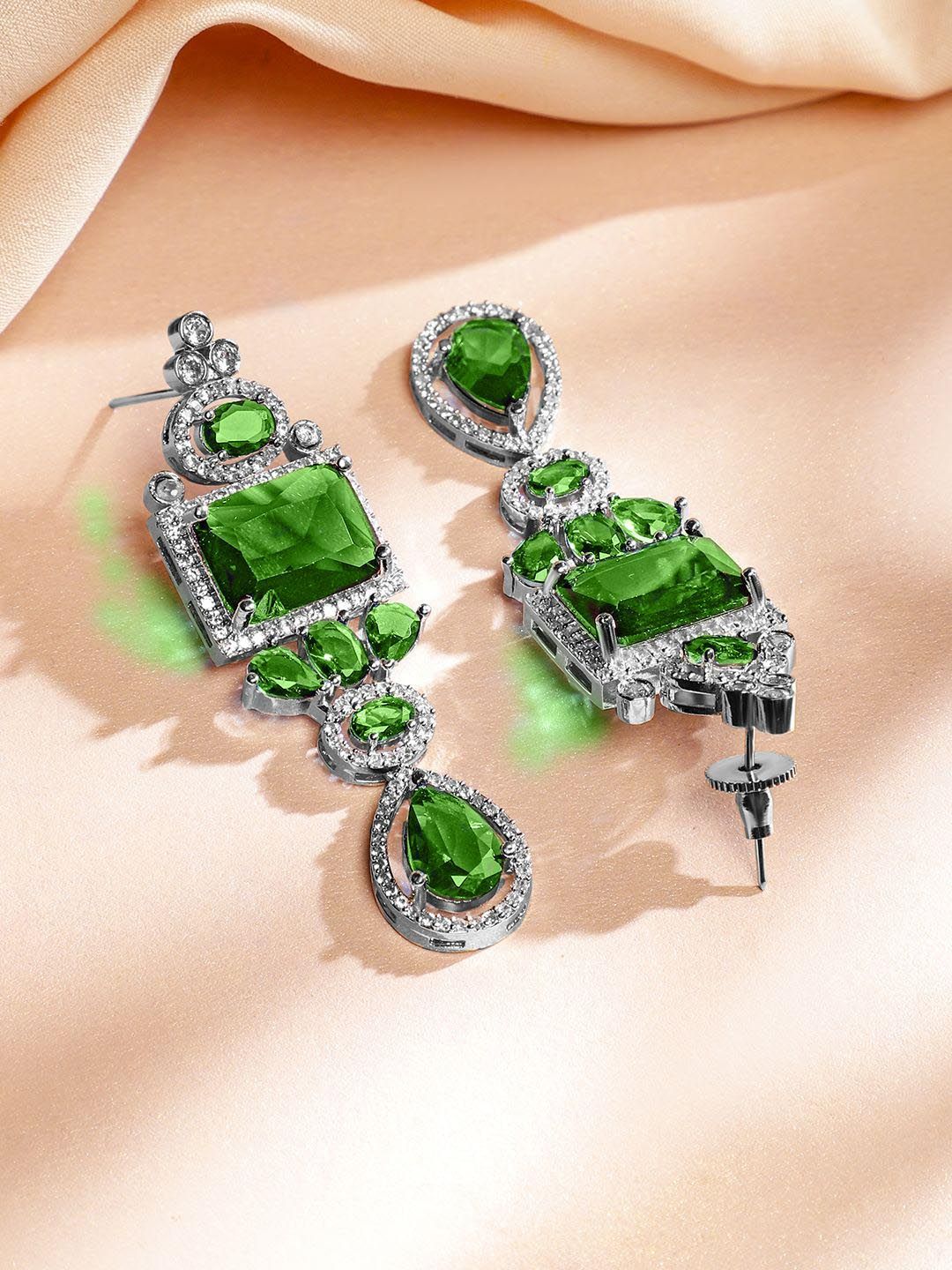 Dhiyona RJ Women's Rhodium-Plated Emerald Green & White Cubic Zirconia Studded Luxe Jewellery Set